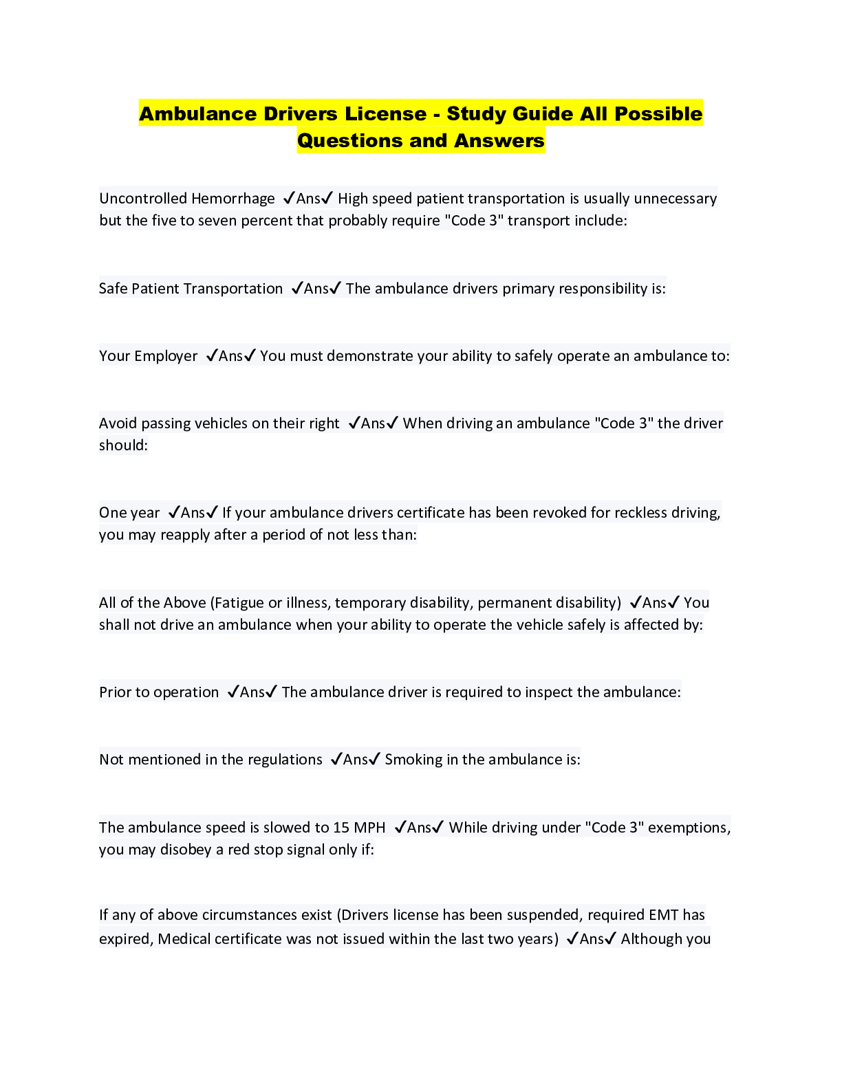 Preview image for Ambulance Drivers License - Study Guide All Possible Questions and Answers